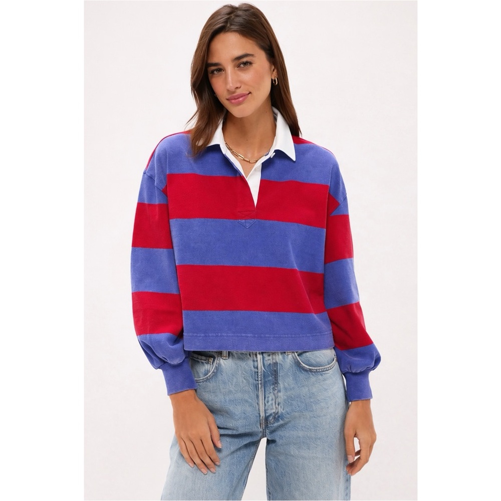 TUCKERNUCK Swiftie Rugby Polo Red Blue Stripe Gameday Preppy Top XS NWT